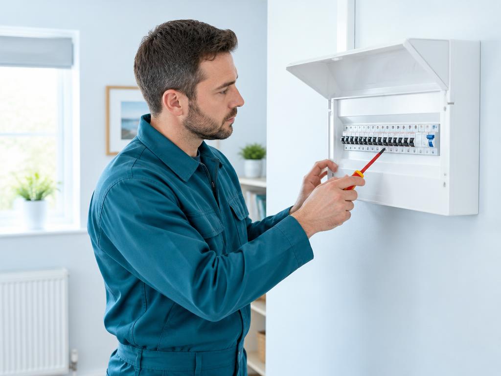 Electrician inspecting a modern consumer unit in a bright home