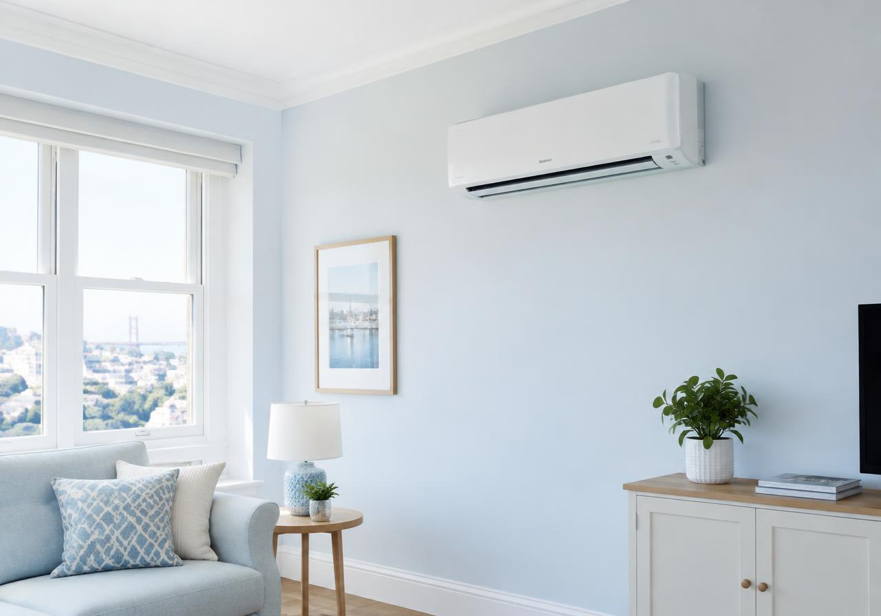 White wall-mounted air conditioning unit installed in a bright Bristol living room
