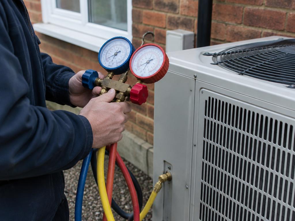Engineer checking refrigerant pressure on an outdoor air conditioning unit